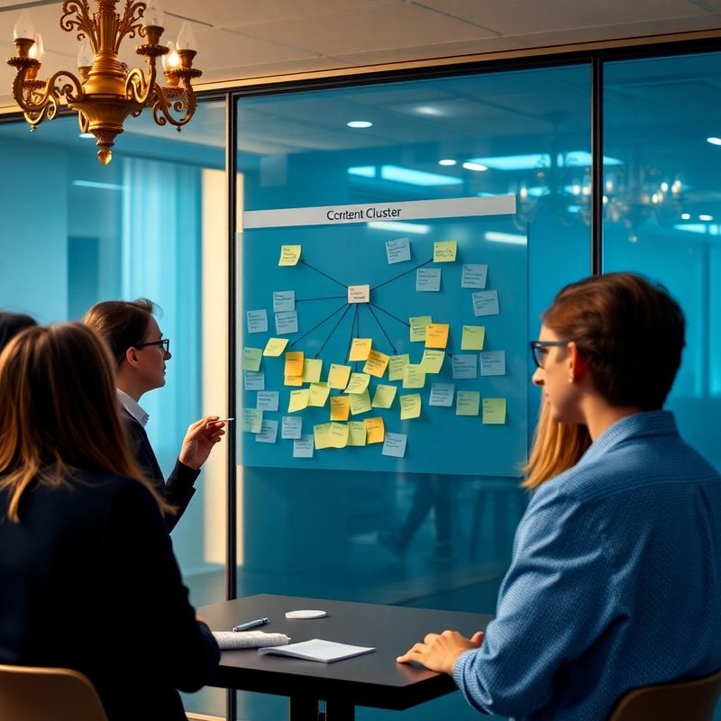 Workshop se sticky notes a diagramem obsahových clusterů na skleněné stěně