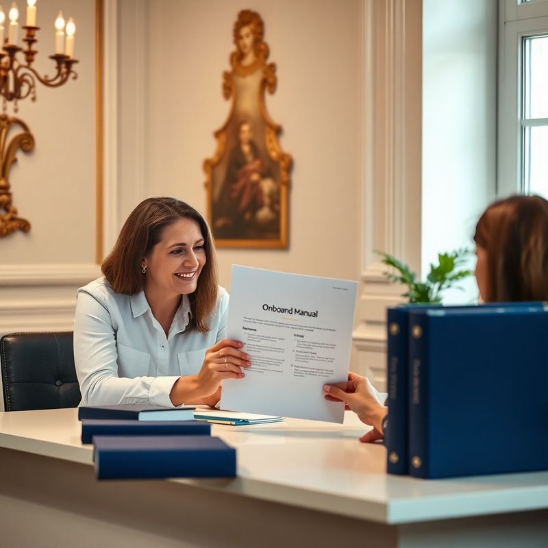 Dvě kolegyně u světlého stolu procházejí tištěný onboarding manuál