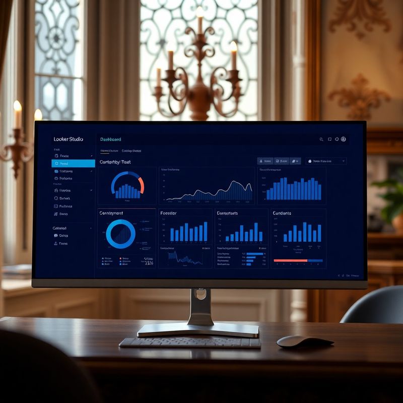 Široký monitor zobrazující Looker Studio dashboard s indigo grafy