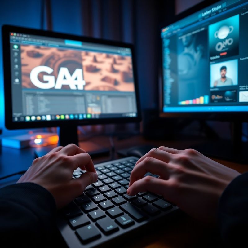 Ruce píšící na klávesnici s rozhraním GA4 a Looker Studio na dvou monitorech