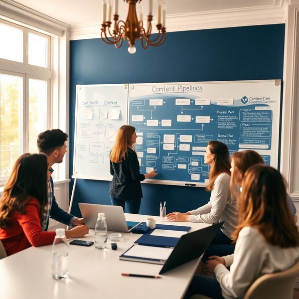 Malý tým u whiteboardu pokrytého diagramy obsahové pipeline